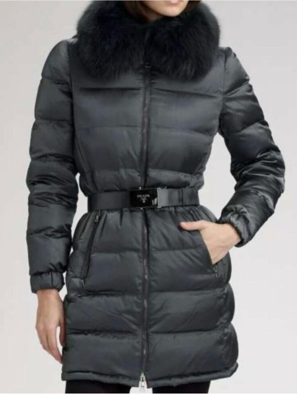 Prada Women’s Black Puffer Coat with Fur Collar